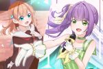  2girls :d aqua_eyes arm_at_side brown_dress cerise_bouquet choker collarbone commentary_request crossed_bangs dress flower_choker frilled_gloves frills gloves grace_phrase_(love_live!) green_choker green_dress green_eyes hair_bun hair_ornament hand_on_own_chest hasu_no_sora_school_uniform highres hinoshita_kaho holding holding_microphone link!_like!_love_live! long_hair long_sleeves love_live! matsurugi_tsukasa medium_dress medium_hair microphone multiple_girls music neckerchief open_mouth orange_hair otomune_kozue outstretched_arm pleated_dress purple_hair rabbit_hair_ornament reaching red_neckerchief sailor_collar sailor_dress school_uniform side_ponytail sidelocks singing single_side_bun sleeveless sleeveless_dress smile striped_clothes striped_dress two_side_up vertical-striped_clothes vertical-striped_dress virtual_youtuber watching white_gloves white_sailor_collar winter_uniform 
