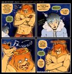 2023 abs blue_eyes blue_hair clothed clothing comic dialogue duo earth_(solar_house) english_text felid fire fur glowing glowing_body grey_eyes grey_hair grin hair hair_over_eyes hi_res human ice lion male mammal multicolored_hair muscular muscular_male orange_hair pantherine question_mark smile sol_(solar_house) solar_house text tongue tongue_out topless two_tone_hair vanadiumvalor winter_coat yellow_body yellow_fur
