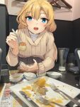  1girl abukuma_(kancolle) aqua_eyes blonde_hair cup drinking_glass feeding food fork holding holding_fork jewelry k_jie kantai_collection leaning_forward long_hair multiple_views official_alternate_costume photo_background plate pov ring sweater upper_body wedding_ring yellow_sweater 