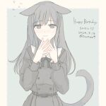  1girl animal_ears belt black_dress blush bow bowtie cat_ears cat_girl cat_tail closed_mouth dated dress ears_down flying_sweatdrops grey_eyes grey_hair hands_up happy_birthday inutose long_hair long_sleeves looking_at_viewer original solo straight-on tail twitter_username upper_body 
