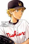  baseball_cap baseball_mitt baseball_uniform blonde_hair character_name dated emptycicada green_eyes happy_birthday hat highres looking_to_the_side male_focus mihashi_ren ookiku_furikabutte profile smile solo sportswear sweat upper_body 