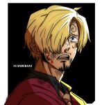 1boy absurdres black_eyes black_shirt blonde_hair blood blood_on_face border commentary curly_eyebrows dirty dirty_clothes dirty_face facial_hair formal hair_over_one_eye highres jacket male_focus necktie official_alternate_costume one_piece open_mouth red_jacket rita_ya sanji_(one_piece) shirt solo suit symbol-only_commentary teeth twitter_username white_necktie worried 
