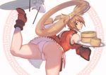  ass boots brown_eyes chinese_clothes drink food guilty_gear kondou_totetsu kuradoberi_jam long_hair orange_hair panties skintight twintails underwear white 