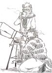 anthro beverage canid canine canis clothed clothing container cup dog_operator domestic_dog donguri306 drinking duo eyewear glasses hair hi_res holding_container holding_cup holding_object hyena jacket lifewonders live_a_hero male mammal monochrome protagonist_(live_a_hero) roiker sketch spotted_hyena tail telescope topwear