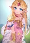  1girl blonde_hair blue_eyes crown dress gem highres long_hair outdoors pointy_ears princess_zelda rindoriko short_sleeves smile solo solo_focus squatting super_smash_bros. the_legend_of_zelda the_legend_of_zelda:_a_link_between_worlds triforce_print 