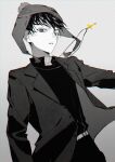  1boy belt black_hair bx6yg chullo clerical_collar craig_tucker cross cross_necklace highres jacket jewelry long_sleeves looking_at_viewer male_focus monochrome necklace parted_lips short_hair solo south_park south_park:_phone_destroyer spot_color 