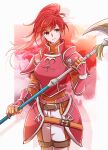  1girl armor axe breastplate closed_mouth commentary_request cowboy_shot fire_emblem fire_emblem:_path_of_radiance gloves highres hip_armor holding holding_axe jill_(fire_emblem) long_hair long_sleeves ponytail red_eyes red_hair shoulder_armor smile solo twitter_username yutohiroya 