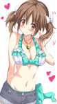  bikini_top blush breasts brown_eyes brown_hair highres idolmaster idolmaster_cinderella_girls large_breasts looking_at_viewer natsu_(anta_tte_hitoha) short_shorts shorts smile solo totoki_airi twintails 