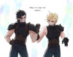  2boys armor belt black_hair blonde_hair blue_eyes blue_pants blue_shirt brown_belt brown_gloves cloud_strife cowboy_shot cybercoughsyrup english_text final_fantasy final_fantasy_vii final_fantasy_vii_rebirth final_fantasy_vii_remake gloves hair_slicked_back highres holding_hands interlocked_fingers looking_at_another male_focus multiple_belts multiple_boys pants parted_lips scar scar_on_cheek scar_on_face shirt short_hair shoulder_armor single_bare_shoulder single_shoulder_pad sleeveless sleeveless_turtleneck smile spiked_hair suspenders turtleneck zack_fair 