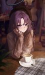  1girl absurdres arms_on_table black_beret black_halo blue_archive blue_eyes blurry blurry_background blurry_foreground blush brown_sweater closed_mouth coffee coffee_mug commentary_request cup curtained_hair fuka_(pixiv_84081952) hair_intakes hair_over_shoulder halo head_on_hand head_rest highres indoors light_particles long_hair looking_at_viewer mannequin mechanical_halo mug parted_bangs plaid plant purple_hair raised_eyebrow ribbed_sweater round_table saucer sidelocks sitting sleeves_past_wrists smile solo spoon steam sweater table turning_head yuuka_(blue_archive) 