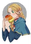  1girl artist_logo artist_name blonde_hair blue_capelet blue_robe blush braid braided_ponytail burger capelet choker commentary_request dungeon_meshi eating edomon-do elf food green_eyes highres holding holding_burger holding_food hood hooded_capelet long_hair marcille_donato pointy_ears red_choker robe solo upper_body watermark white_background 