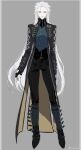  1girl black_gloves blue_coat blue_eyes breasts closed_mouth coat devil_may_cry_(series) devil_may_cry_5 fingerless_gloves genderswap genderswap_(mtf) gloves hair_slicked_back highres long_hair looking_at_viewer pale_skin small_breasts solo vergil_(devil_may_cry) very_long_hair white_hair 