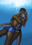  absurd_res anthro brown_body brown_fur chase_hunter clothed clothing digital_media_(artwork) duo echo_(game) echo_(series) echo_project facial_hair fur goatee greensodafennec hair hi_res hug male male/male mammal muscular muscular_male mustelid otter piercing simple_background smile swimming swimming_trunks swimwear sydney_bronson tail underwater water 