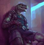 anthro biped clothed clothing erection erection_under_clothing green_body green_scales hi_res klongi leather leather_clothing male open_mouth scales scalie solo