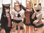  4girls ;d absurdres animal_ear_fluff animal_ears arm_hug arm_up black_choker black_hair black_jacket black_nails black_pantyhose black_skirt blazer blonde_hair blue_eyes blue_skirt bow brown_cardigan brown_sweater cardigan cardigan_around_waist cat_ears cat_girl cat_tail cellphone choker clothes_around_waist collarbone collared_shirt commentary_request double_v ear_piercing fang green_eyes gyaru hair_between_eyes hair_ornament hairclip highres holding holding_phone indoors jacket jitome katsu_(katsupainter) light_brown_hair long_hair long_sleeves mask mouth_mask multicolored_hair multiple_girls nail_polish one_eye_closed open_clothes open_jacket original outstretched_arms pantyhose parted_bangs phone piercing pink_bow pink_sweater pleated_skirt puffy_long_sleeves puffy_sleeves school_uniform shirt short_hair skirt sleeves_past_fingers sleeves_past_wrists smile standing sweater tail tan tiger_ears tiger_girl tiger_tail two-tone_hair v very_long_hair white_shirt window x_hair_ornament yellow_eyes 