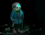  2016 animated_skeleton black_background bone clothed clothing fully_clothed glowing glowing_eyes grin hoodie looking_at_viewer pig_(artist) sans_(undertale) shorts simple_background skeleton slippers smile solo standing undead undertale video_games 