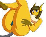  2016 anthro anthrofied areola big_breasts big_butt black_nose blue_eyes breasts brown_hair brown_nipples butt clothed clothing fan_character female fur hair hand_on_hip jasmine_escova legs_up long_hair mammal nintendo nipples pointy_ears pok&eacute;mon raichu rodent simple_background smile solo topless underwear video_games white_background white_fur xehta13 