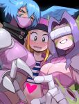  blonde_hair blue_eyes blue_hair breasts claws cleavage covered_eyes digimon digimon_(creature) digimon_frontier facial_mark fairimon feathered_wings gloves hair_wings hat highres lightsource long_hair mask mouth_mask navel orimoto_izumi purple_hair shutumon smile upper_body wings 