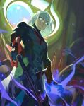  1boy aqua_eyes cape closed_mouth cowboy_shot gloves glowing glowing_eyes grey_hair hair_between_eyes holding holding_weapon keyblade kingdom_hearts looking_at_viewer male_focus medium_hair red_gloves riku_(kingdom_hearts) solo tight_clothes toni_infante torn_cape torn_clothes waist_cape weapon 
