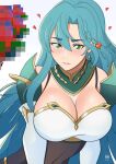  1girl aqua_hair bare_shoulders bow braid breasts censored chloe_(fire_emblem) cleavage commentary earrings fire_emblem fire_emblem_engage green_eyes grey_background grin hair_bow highres ihsnet jewelry large_breasts long_hair mosaic_censoring orange_bow parted_lips smile solo upper_body very_long_hair 