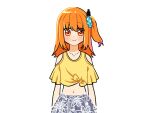  1girl a.i._voice adachi_rei alternate_costume arms_at_sides closed_mouth clothing_cutout cropped_shirt floral_print floral_print_skirt hair_ornament hair_scrunchie jewelry looking_at_viewer medium_hair midriff navel necklace one_side_up orange_eyes orange_hair print_skirt retsu404 scrunchie shirt shoulder_cutout simple_background skirt solo standing straight-on tied_shirt transparent_background upper_body utau yellow_shirt 