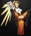  1girl blonde_hair blue_eyes bodysuit clitoris clothed clothing crotch_cutout female fireflufferz human humanoid legwear looking_at_viewer mammal mechanical_halo mechanical_wings mercy mercy_(overwatch) overwatch pantyhose parted_lips pussy ripped_pantyhose simple_background sitting smile solo spread spread_legs torn_clothes torn_pantyhose uncensored video_games 