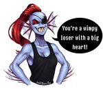  2016 anthro blue_skin breasts cleavage clothed clothing english_text eye_patch eyes_closed eyewear female fish gills hair indigonite long_hair marine muscular muscular_female ponytail portrait red_hair sharp_teeth simple_background smile solo speech_bubble teeth text undertale undyne video_games white_background 