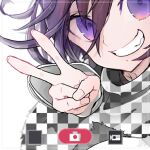  1boy black_scarf camera_phone checkered_clothes checkered_scarf commentary_request danganronpa_(series) danganronpa_v3:_killing_harmony dated fang fingernails grin hair_between_eyes jacket light_particles long_sleeves looking_at_viewer lowres male_focus oma_kokichi purple_eyes purple_hair scarf short_hair signature simple_background smile solo torn_clothes torn_scarf two-tone_scarf u_u_ki_u_u unmoving_pattern upper_body v white_background white_jacket white_scarf white_sleeves 