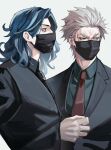  2boys absurdres black_shirt black_vest blue_eyes blue_hair brown_eyes collared_shirt earrings fate/grand_order fate_(series) grey_hair hair_slicked_back haruakira highres jacket jewelry male_focus mask medium_hair mouth_mask multiple_boys nagakura_shinpachi_(fate) necktie saitou_hajime_(fate) scar scar_on_cheek scar_on_face shirt short_hair stud_earrings suit vest wavy_hair white_hair 