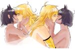  2girls absurdres animal_ears black_hair blake_belladonna blonde_hair blush breast_press breasts cat_ears closed_eyes cowlick grabbing hand_on_another&#039;s_cheek hand_on_another&#039;s_face highres kiss long_hair multiple_girls prosthesis prosthetic_arm roosterteeth rwby short_hair sketch topless visualeffex yang_xiao_long yuri 