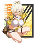  1girl :d absurdres ahoge bag blonde_hair breasts colored_inner_hair crop_top cropped_jacket elegg_(nikke) gloves goddess_of_victory:_nikke grey_shorts hair_intakes hair_over_one_eye highres jacket kneeling large_breasts long_bangs looking_at_viewer medium_hair micro_shorts multicolored_hair open_hands purple_eyes shorts smile solo suspenders thigh_strap two-tone_hair white_background white_footwear yellow_gloves yellow_jacket yuuzii zoom_layer 