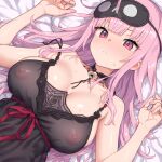 1girl ai-generated blush breasts collarbone dress evening_gown eye_mask highres hololive hololive_english large_breasts looking_at_viewer lying mori_calliope mori_calliope_(sleepwear) nipples on_back pink_hair red_eyes ribbon solo sweatdrop virtual_youtuber 