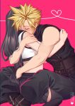  1boy 1girl absurdres artist_name baggy_pants bare_shoulders black_hair black_skirt black_thighhighs blonde_hair blush closed_eyes cloud_strife commentary couple crop_top feet_out_of_frame final_fantasy final_fantasy_vii final_fantasy_vii_rebirth final_fantasy_vii_remake heart highres hug long_hair low-tied_long_hair midriff pants pink_background reishichi ribbed_sweater short_hair sitting skirt sleeveless sleeveless_turtleneck spiked_hair suspenders sweater symbol-only_commentary tank_top thighhighs tifa_lockhart turtleneck turtleneck_sweater wariza white_tank_top 