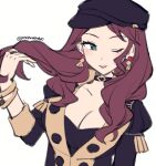  1girl black_choker black_hat blush breasts brown_hair buttons cabbie_hat choker cleavage commentary do_m_kaeru dorothea_arnault earrings fire_emblem fire_emblem:_three_houses garreg_mach_monastery_uniform hat jewelry long_hair looking_at_viewer one_eye_closed simple_background smile solo symbol-only_commentary twitter_username uniform wavy_hair white_background 