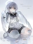  1girl angel bandaid bandaid_on_leg commission expressionless feathered_wings feathers grey_eyes grey_hair grey_shirt halo highres long_hair looking_at_viewer original parted_lips shirt single_thighhigh sitting skeb_commission skirt solo tearing_up thighhighs wings youyuu_(melt_yo103) 