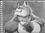 absurd_res anthro barazoku body_hair canid canine canis chest_hair collar diederich_olsen hi_res knights_college male mammal monochrome multicolored_body muscular muscular_anthro muscular_male pinumontbalou smile smiling_at_viewer solo traditional_media_(artwork) two_tone_body wolf