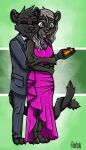 anthro bad_guy_cafe black_body black_fur cathleen_velvetpaw felid female fur gift grey_body grey_fur grey_hair hair hug hugging_from_behind male mammal pantherine purple_eyes shevron ziegelzeig