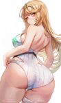  1girl ass blonde_hair breasts cameltoe commentary_request highres large_breasts leonmandala long_hair looking_at_viewer mythra_(radiant_beach)_(xenoblade) mythra_(xenoblade) official_alternate_costume one-piece_swimsuit ribbed_swimsuit solo strapless strapless_one-piece_swimsuit striped_clothes striped_one-piece_swimsuit swept_bangs swimsuit thigh_strap tiara vertical-striped_clothes vertical-striped_one-piece_swimsuit very_long_hair white_one-piece_swimsuit xenoblade_chronicles_(series) xenoblade_chronicles_2 yellow_eyes 