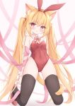  1girl animal_ear_fluff animal_ears bare_shoulders black_thighhighs blonde_hair bow bowtie breasts cat_ears cat_tail covered_navel fake_animal_ears full_body hairband highres kneeling leotard long_hair looking_at_viewer mochizuki_riku open_mouth original pink_ribbon red_bow red_bowtie red_leotard ribbon shoes small_breasts solo tail thighhighs thighs twintails very_long_hair white_wrist_cuffs wrist_cuffs yellow_tail 