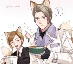  1boy 1girl ? animal_ears black_gloves black_jacket black_necktie blonde_hair blue_eyes bowl closed_eyes coat collared_shirt elena_(ff7) final_fantasy final_fantasy_vii final_fantasy_vii_rebirth final_fantasy_vii_remake fingerless_gloves fox_boy fox_ears fox_girl fox_tail gloves grey_shirt highres holding holding_bowl holding_kettle jacket kemonomimi_mode light_blush long_sleeves maki_haruki necktie nissin nissin_donbei open_mouth parted_bangs rufus_shinra shirt short_hair smile sparkle spoken_question_mark suit_jacket swept_bangs tail thumbs_up twitter_username white_coat white_shirt 