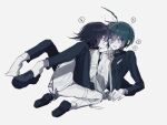  2boys ? ahoge black_footwear black_hair black_jacket blush collared_shirt danganronpa_(series) danganronpa_v3:_killing_harmony eye_contact grey_background grey_jacket grey_pants grin gyeongchae highres jacket looking_at_another multiple_boys oma_kokichi open_clothes open_jacket pants saihara_shuichi shirt shoes short_hair simple_background single_shoe smile striped_clothes striped_jacket teeth white_shirt yaoi 