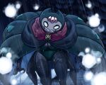 2022 4_legs 5_fingers angry arthropod breasts cleavage cloak clothed clothing detailed_background digital_media_(artwork) female fingers floating hollow_knight latiar looking_at_viewer multi_leg multi_limb open_mouth particles raining solo soul_successor team_cherry white_eyes