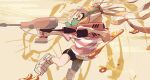  1girl bike_shorts black_shorts blonde_hair dualie_squelcher_(splatoon) floating_hair highres holding inkling_girl inkling_player_character koike3582 long_hair mask mouth_mask outline pointy_ears sandals shirt shorts single_vertical_stripe sleeves_past_elbows solo splatoon_(series) striped_clothes striped_shirt tentacle_hair twintails white_footwear white_outline yellow_eyes 