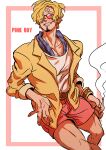  1boy absurdres belt blonde_hair border cigarette curly_eyebrows english_text facial_hair goatee hair_over_one_eye highres holding holding_cigarette jacket jewelry leg_hair looking_at_viewer male_focus official_alternate_costume one_piece one_piece_film:_red pink_shorts rita_ya sanji_(one_piece) shirt short_hair short_shorts shorts smile smoke sunglasses teeth wavy_hair white_background white_shirt yellow_jacket 
