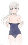  1girl absurdres blue_eyes blue_one-piece_swimsuit blush closed_mouth clothes_pull collarbone coro_fae covered_navel cowboy_shot expressionless flat_chest floating_hair grey_hair hair_between_eyes highres kaguya-sama_wa_kokurasetai_~tensai-tachi_no_renai_zunousen~ long_hair looking_at_viewer nipples old_school_swimsuit one-piece_swimsuit one-piece_swimsuit_pull paid_reward_available ponytail puffy_nipples school_swimsuit shirogane_kei simple_background solo split_mouth standing steam swimsuit twitter_username wet wet_clothes wet_swimsuit white_background 