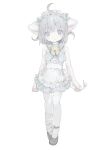  1girl ahoge animal_ears apron bare_shoulders bell cat_ears cat_girl cat_tail dress expressionless full_body grey_eyes grey_hair highres jingle_bell looking_at_viewer maid maid_apron maid_headdress original short_dress short_hair simple_background solo tail thighhighs white_background white_thighhighs youyuu_(melt_yo103) zettai_ryouiki 