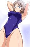  1girl ankoiri armpits arms_up blue_eyes blush breasts brown_hair competition_swimsuit covered_navel highleg highres large_breasts legs love_live! love_live!_sunshine!! one-piece_swimsuit solo swimsuit watanabe_you 