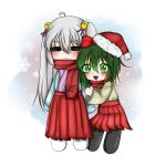  +_+ 2girls =_= ahoge arm_hug bell blush bow chibi christmas closed_eyes closed_mouth drooling full_body green_eyes green_hair grey_hair gumi hair_bell hair_between_eyes hair_bow hair_ornament hakama hakama_short_skirt hakama_skirt hat hatsune_miku highres himeyuri_enbukyou_(vocaloid) japanese_clothes long_hair long_sleeves medium_hair multiple_girls oborozuka_akari oni_to_kitsune_no_hanashi open_mouth pantyhose red_bow red_hakama santa_hat sati732160 scarf shishikusa_mai skirt sleeves_past_wrists smile snow snowflakes standing symbol-shaped_pupils twintails vocaloid 