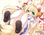  1girl animal_ear_fluff animal_ears arm_up ass bell black_footwear blonde_hair blue_skirt blush bow clenched_hands fang fox_ears fox_girl fox_tail green_eyes hair_bell hair_bow hair_ornament highres jingle_bell kinomiki_nobori kneehighs knees_up long_hair open_mouth original panties pink_panties polka_dot polka_dot_panties ribbon school_uniform serafuku shirt shoes short_sleeves skirt smile socks solo tail thighs underwear white_shirt white_socks 