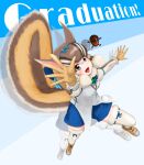  1girl acorn animal_ears blue_background boots brown_eyes brown_hair chipmunk_ears chipmunk_girl chipmunk_tail extra_ears gloves gyrokonzept highres kemono_friends kemono_friends_v_project looking_at_viewer microphone ribbon shirt short_hair shorts siberian_chipmunk_(kemono_friends) simple_background tail thighhighs vest virtual_youtuber 